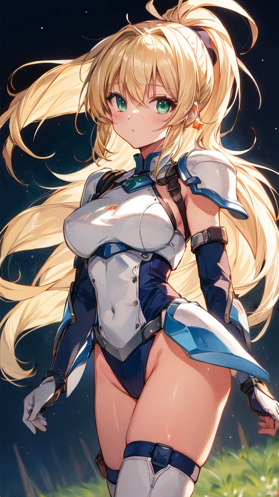 1girl, solo, long hair, breasts, blue eyes, blonde hair, large breasts, simple background, white background, holding, weapon, sword, holding weapon, mecha musume