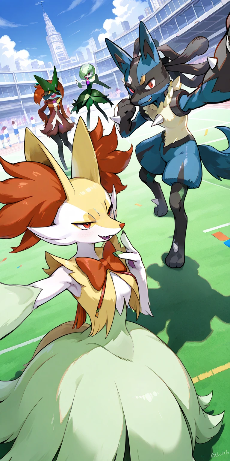 anime, 1girl, masterpiece, best quality, braixen, pokemon, yellow fox,  detailed, short muzzle, fluff ears, [red eyes], detailed eyes, outside, stadium, running, daylight, anatomically correct, stance, furry, stick, fluffy tail