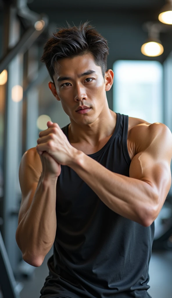 An Asian man working out in the gym，Topless，skinny
