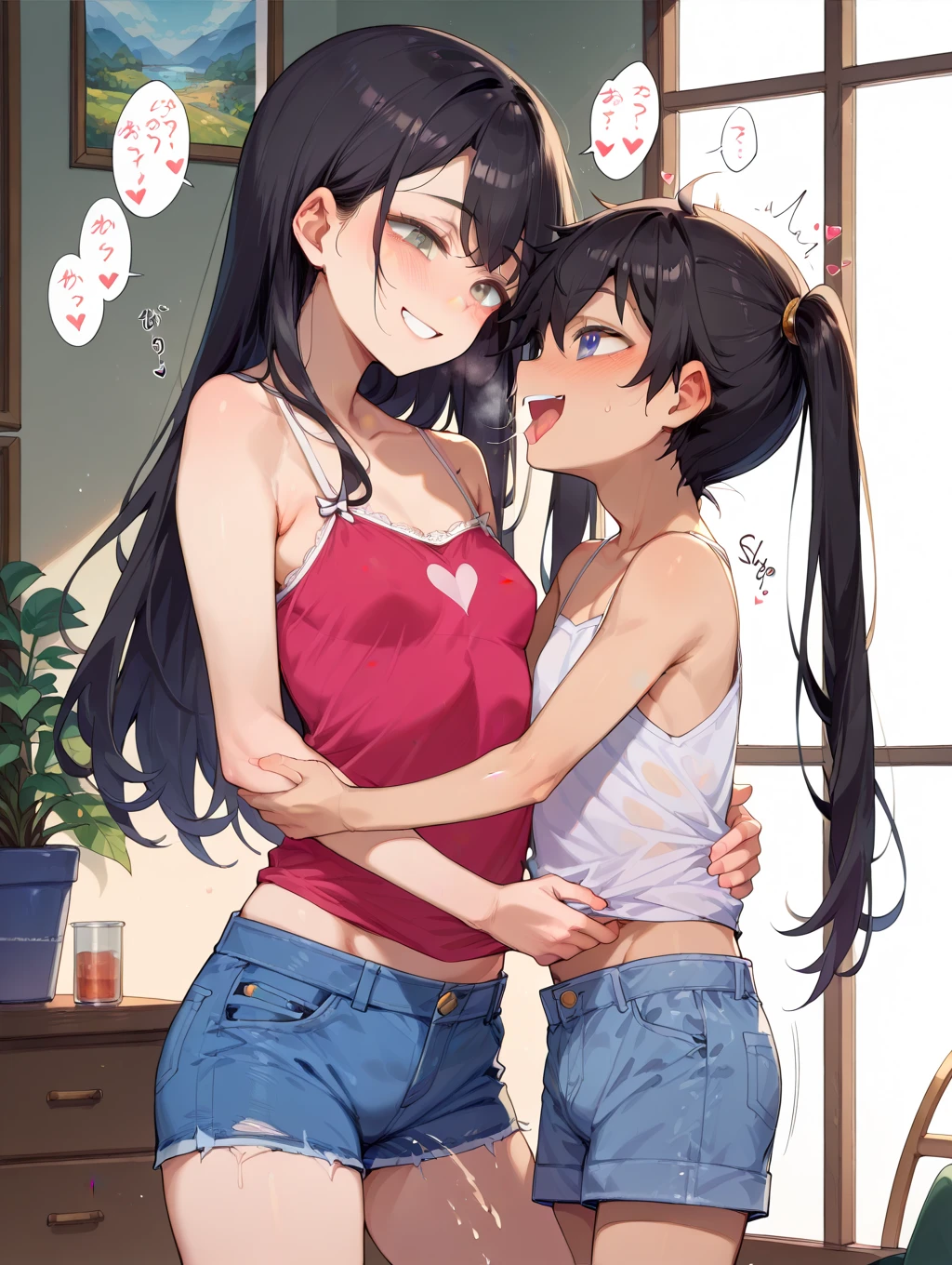 super fine illustrations,Animate,1 boy,Lewd expression,Sexy,Gay,pleasant sensation,vehement,perspired,barechested,Heart to eye,Ponytail hairstyle，Parted bangs,black color hair,Red eyes,White skin,Full body like，Femininity，Wear only shorts，There is a lot of white liquid on the body，Bare male genitalia，There is only one person，drools，drenched all over the body