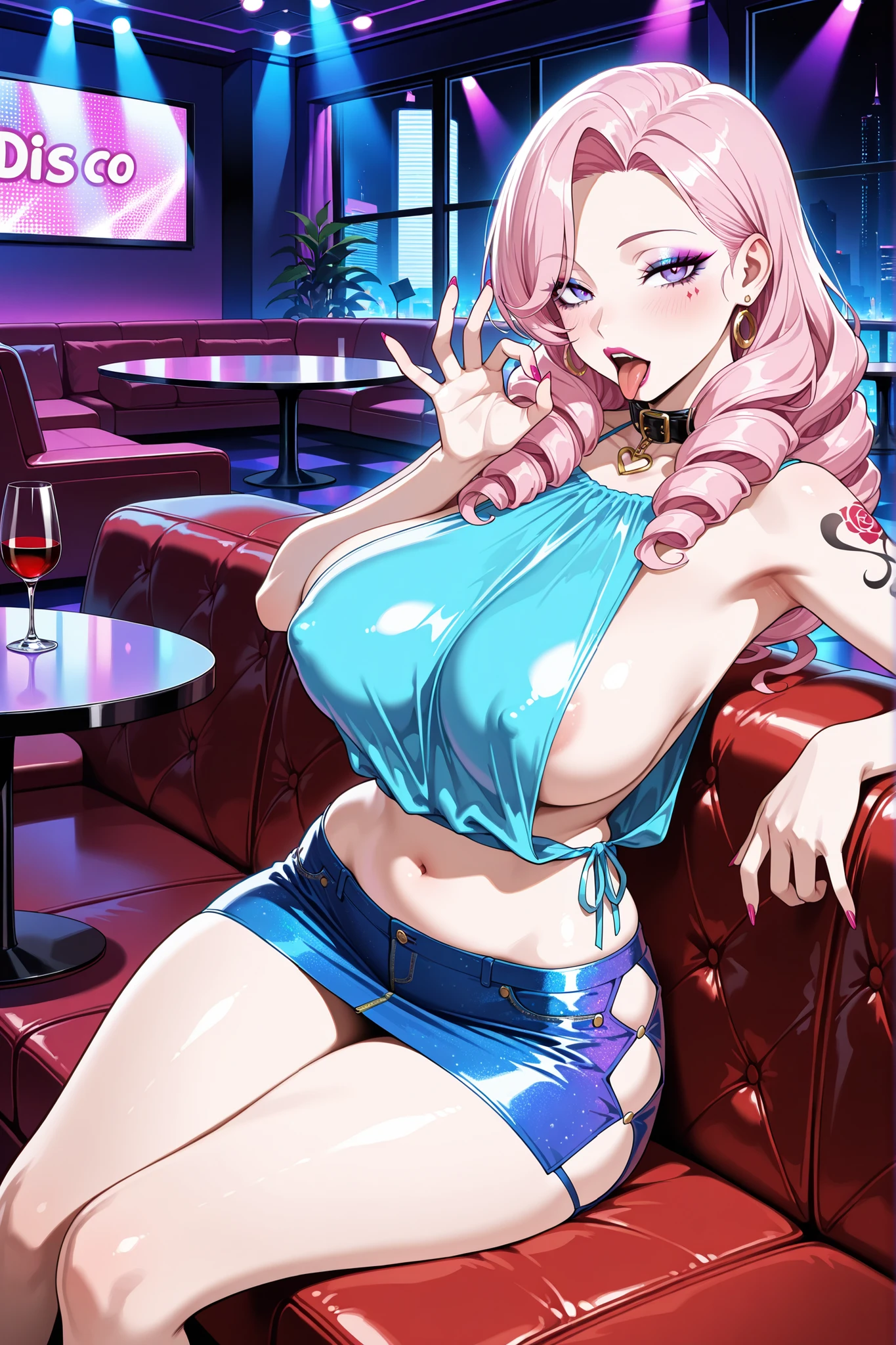 score_9, score_8_up, score_7_up, game_cg, source_anime,best quality, masterpiece,  1girl, solo, smile, open mouth, drunk, blushing, heavy breathing, large breasts, marin kitagawa, long hair, bangs, blonde hair, pink eyes, multicolored hair, wavy hair, jewelry, earrings, choker, bracelet, evening gown, sitting, legs, wine glass, half eyes closed, looking at viewer, bar, neon lights, couch, no panties, pussy, pubic hair