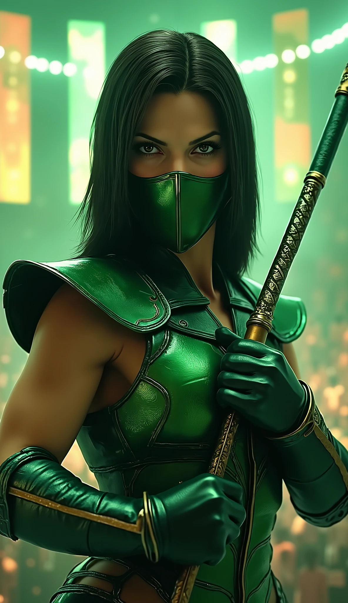 Ultra-realistic portrait of Sandra Bullock as Jade from Mortal Kombat, upper body focus. She has a determined, focused expression, dark straight hair styled back, and emerald green eyes. She wears Jade’s iconic green ninja armor with gold accents, leather and metallic textures, and a half-metal mask covering the lower part of her face. Her shoulders are armored with sharp-edged pads, and she holds her signature glowing green bo staff diagonally across her chest. The background is a futuristic arena packed with spectators, bathed in green and golden neon lights. Digital banners shimmer above, energy waves pulse through the air, and subtle mist adds depth to the atmosphere. 8K cinematic quality, detailed reflections, dramatic lighting, and an intense, warrior-like presence.