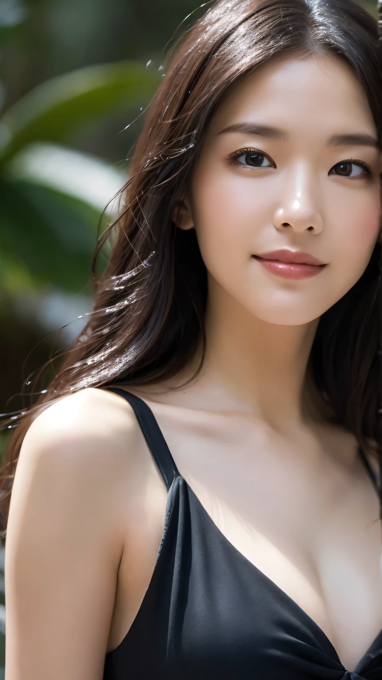 ((Top Quality, 8k, Masterpiece: 1.3)), Sharp Focus: 1.2, Pretty Girl with Perfect Figure: 1.4, Slender Abs: 1.2, ((Dark Brown Hair, Huge Breasts: 1.4)), Swimsuit, Wet, Wearing a Bikini, (Street, Natural Light: 1.1), Pool: 1.2, Highly Detailed Face and Skin Texture, Detailed Eyes, Double Eyelids, Constricted Waist, Flowing Hair 、full body:1, (slim legs:1.1), beautiful legs, very detailed mouth, smile