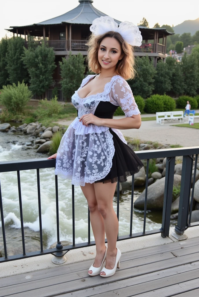 Solo realistic, 30 years old woman, 30 years old version of Madison Beer, Photorealistic, Realistic, Norwegian high nose, ((Norwegian long wavy curl blonde hair)), Norwegian pink fuller lips, ((Norwegian light brown eye)), body and face wrinkles, cleavage, she is wearing a polo dress that incorporates a corset element. This could be a dress with a corset-inspired lace-up detail at the waist or a corset belt layered over the dress. The polo style typically includes a collar and button-up front, giving it a sporty yet refined look, (((she is seductively standing on the veranda of a mansion house, overlooking a grand fountain, a woman embodies an air of grace and sophistication amidst luxurious surroundings. Before her lies a magnificent fountain, its waters cascading gracefully into a shimmering pool. ))), she is looking at the camera smiling, (((dynamic pose)))