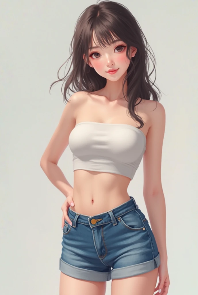 female 20s in a white shirt and denim shorts holding a popsicle, her navel is exposed, wearing a sexy crop top, big breasts, slim waist and thick hips, ice cream on the side, wearing a crop top, wearing simple, tight clothes, cute midriff, wearing a crop top, navel showing, young and cute girl --auto --s2