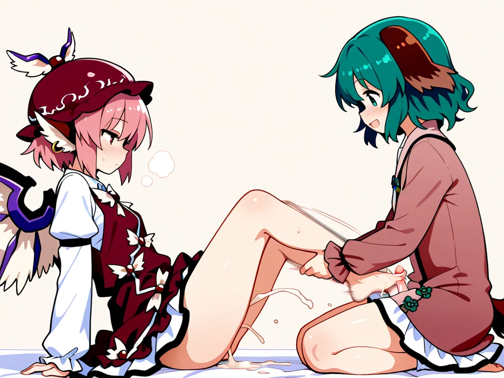 4 Girls with pink hair, long twintail hairstyle, small bushy eyebrows, wearing gothic lolita clothing, lolicon (Zankuro) drawing style by zankuro artist, Zancrow style, image uploaded to R34, walking to school, flirty smile, , lifting her skirt to show her vagina wet with semen, diferent girls having sex