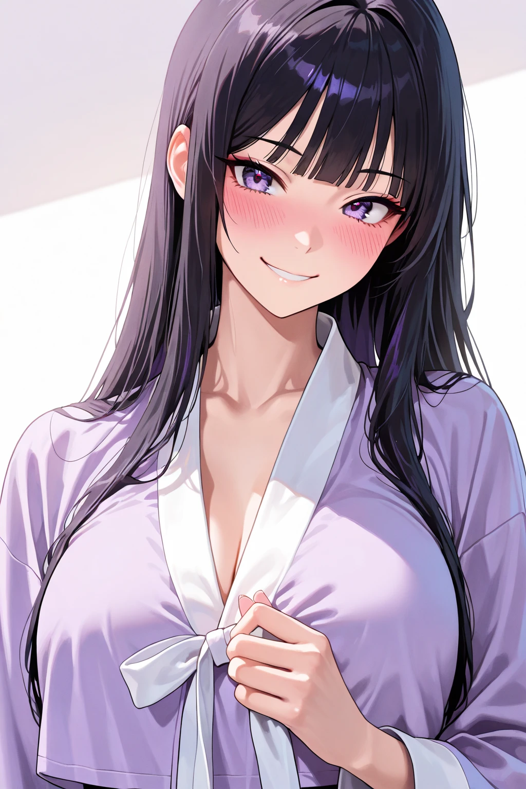 Hypeirealistic 3D Cartoon style character with big head. 24 year old Indonesian woman, slim body, slightily blonde black hair and wearing a pink kimono. smiling at the camera with hands in ready position, pink background. Use soft photography lighting. Hair lighting, top lighting, side lighting, high quality photos, UHD, 16K.