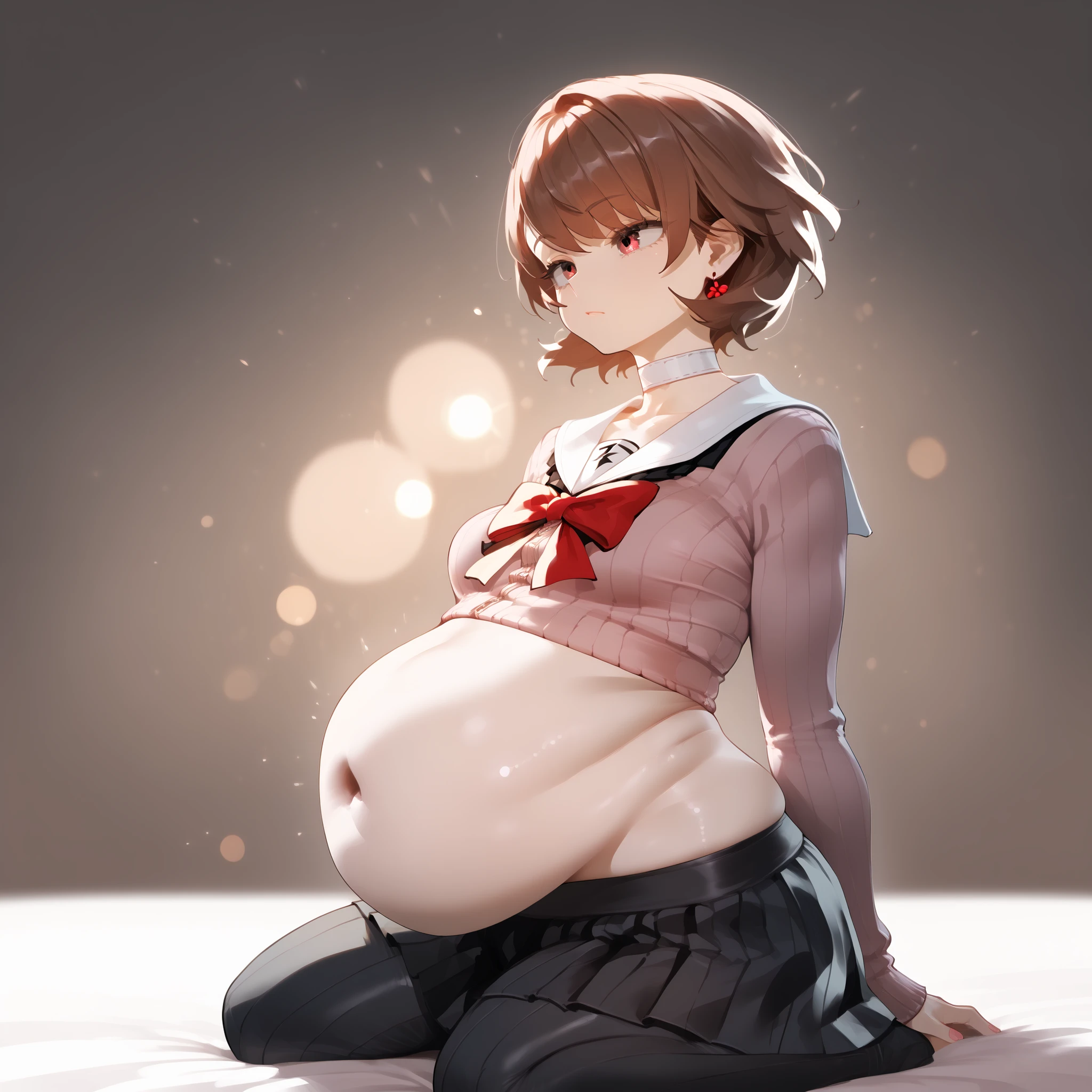 (masterpiece, best quality, highres, absurdres), 1girl, big belly, chubby arms, thighs, art by kipteitei, uniform, brown hair, black knee high skirt, pink sweater with fur trim, bow, armband, chubby, embarrassed, flushed, sitting down with legs together, poking belly, tight shirt