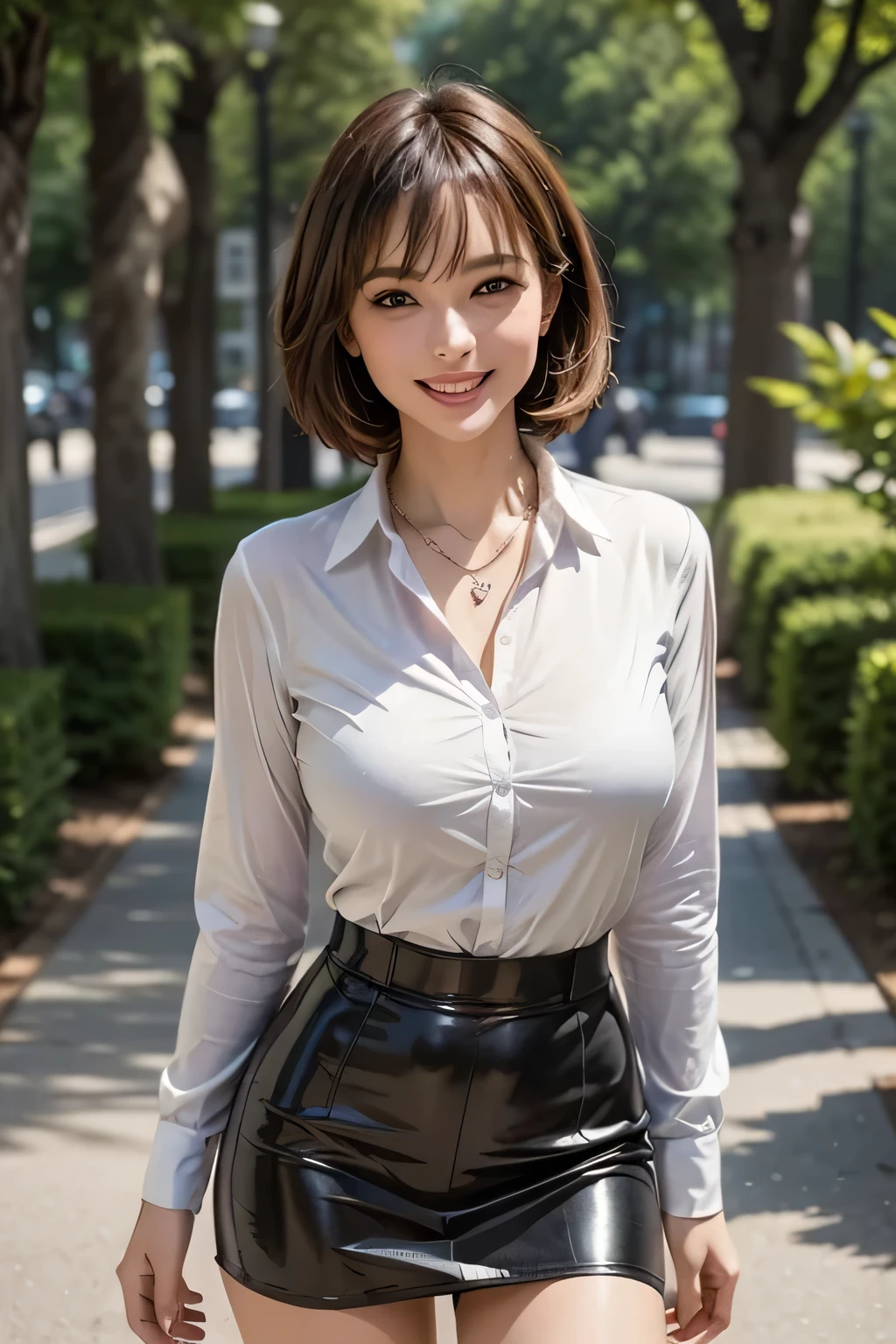 ((masterpiece)), ((Highest quality)), ((Complex)), ((Surreal)), (Realistic), (Mature Woman), ((There are no classes)), Very detailed, (1 female), Beautiful and exquisite, (Beautiful Teeth), Grin, (Big Breasts), Brunette bob hair, Brown eyes, ((Light blue blouse)), (Tight mini skirt), Thighs, (background:none), Perfect Eyes, Captivating eyes, Looking at the audience, Cowboy Shot
