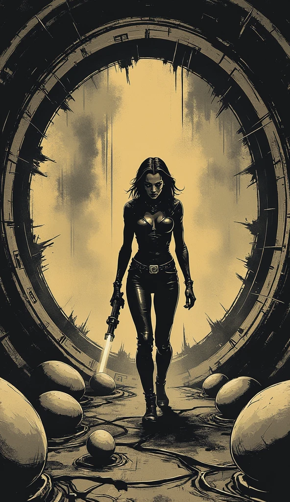 Silhouette style a photographic shot of a lady wearing a latex bodysuit with a cybernetic halo, holding a massive giant sword, collaboration with Ilya Kuvshinov, volumetric, heaven background <lora:S4ndr4_ponymerge9:0.75>, score_9, score_8_up, score_7_up, score_6_up, score_5_up, score_4_up, source_anime, ultrarealistic . High contrast, minimalistic, black and white, stark, dramatic