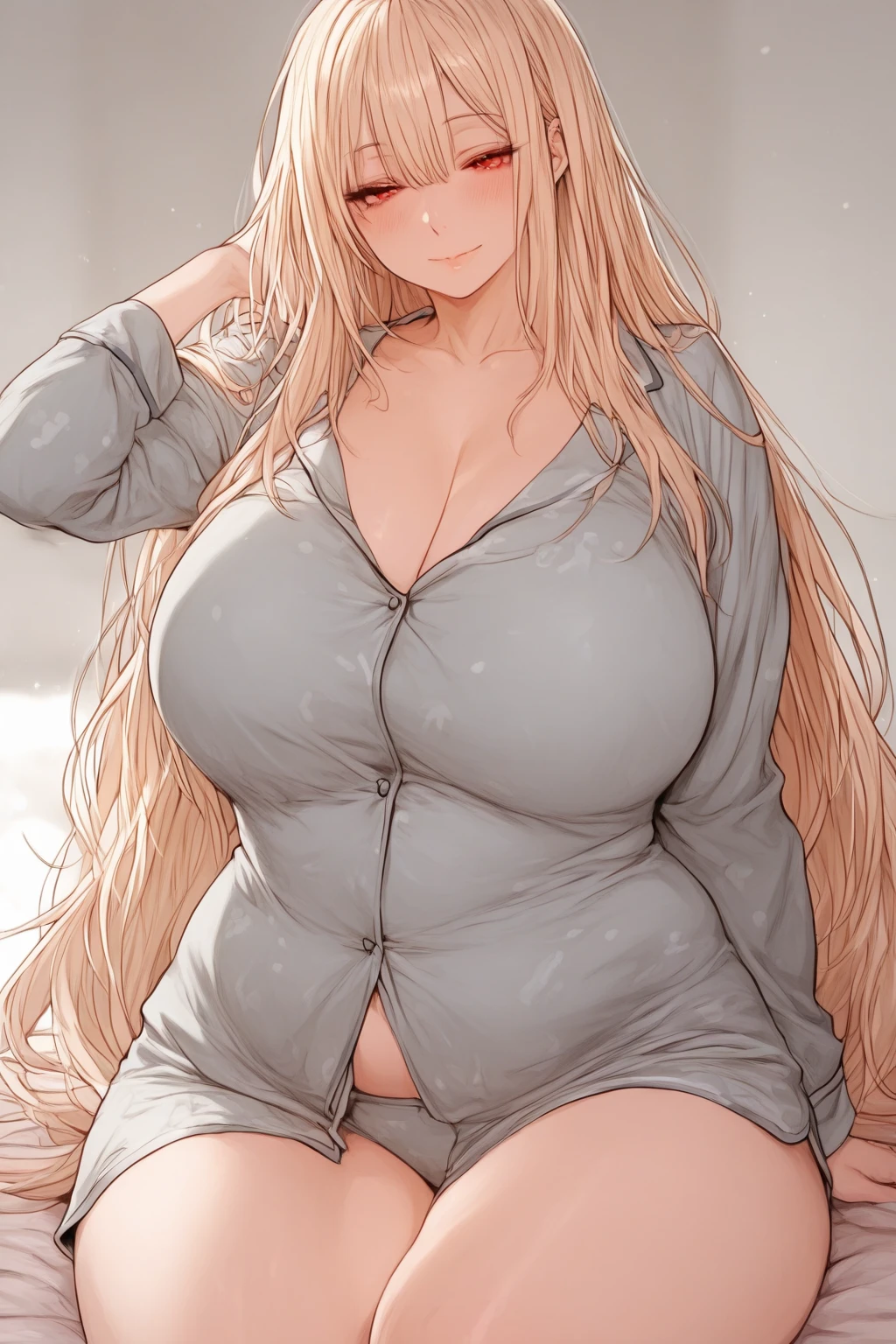 super breasts、Blonde long hair、thick thighs、8K, 4K, highest quality, High resolution: 1.2)、cute anime face、noise removal、full body portrait、shining blue eyes、gentle smile、Round、Wearing a headband、naked、standing position、pussy hair、muscle、T-back that digs into your butt、naked足、abs、腕のmuscle、脚のmuscle、pubic hair、excessive pubic hair、nude、in the bedroom