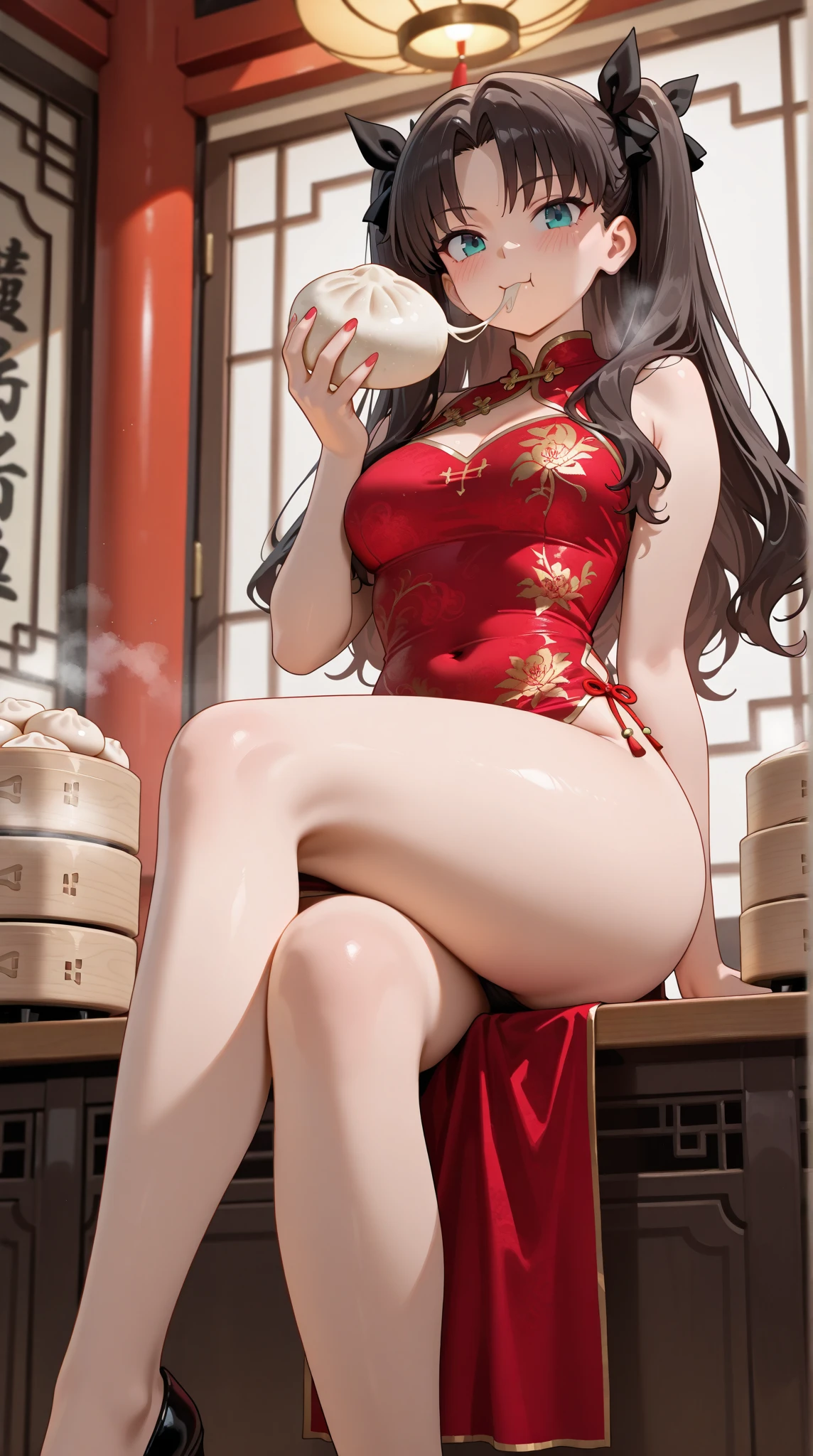 (4k),1 woman,solo,(cute:1.3),mature female,huge footers,softy saggy breasts,(1 woman is working in the chinese restaurant),((chinese dress,high heels)),dark brown hair,bangs,(smile,blush:1.3,sweat:0.4),(puffy eyes),(masterpiece:1.2,best quality:1.2),delicate illustration,ultra-detailed,chinese restaurant, detailed background,(full body,distant view),looking at viewer,ikuta,girl,more_details:0.5,
