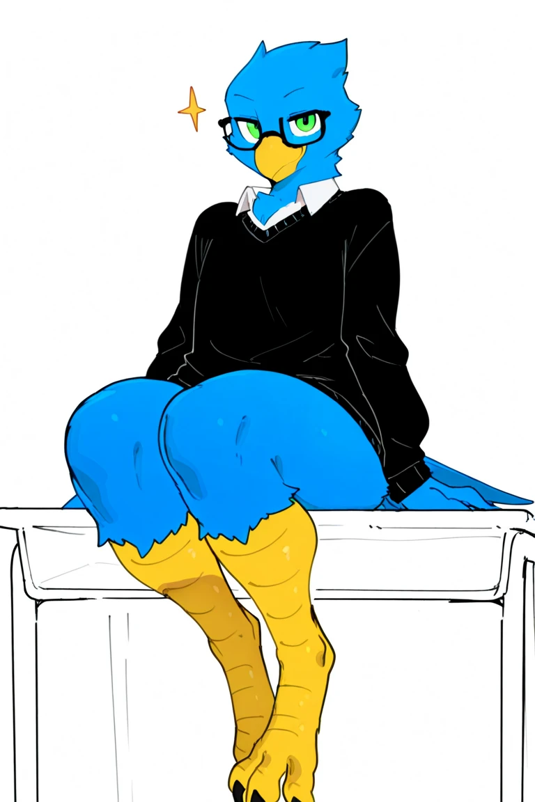 Berdly from Deltarune, professional art made by twistedscarlett60, 1boy, solo, male, avian, bird, blue body, blue feathers, feathery, blue skin, artist:twistedscarlett60, nerd, glasses, black hoodie, hoodie, bottomless, penis, ballsack, night