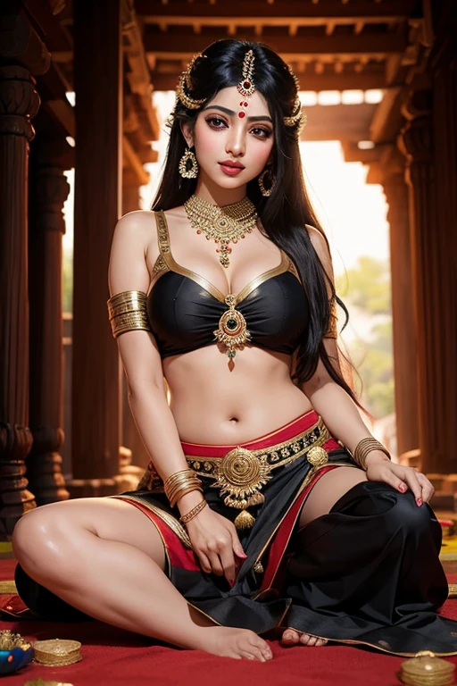 a goddess with long hair, smiling expression, intoxicated eyes, garland of kadamba flowers, various ornaments, sweating, three horizontal folds below navel, thin vertical line of fine hair below navel, seated on throne, wearing a red thick saree, red jewelry, holding a skull in left hand and a sword in right hand, in a baroque style, acrylic on canvas, high quality, highly detailed, best quality, 4k, 8k, highres, masterpiece, ultra-detailed, realistic, photorealistic, photo-realistic, HDR, UHD, studio lighting, ultra-fine painting, sharp focus, physically-based rendering, extreme detail description, professional, vivid colors, bokeh