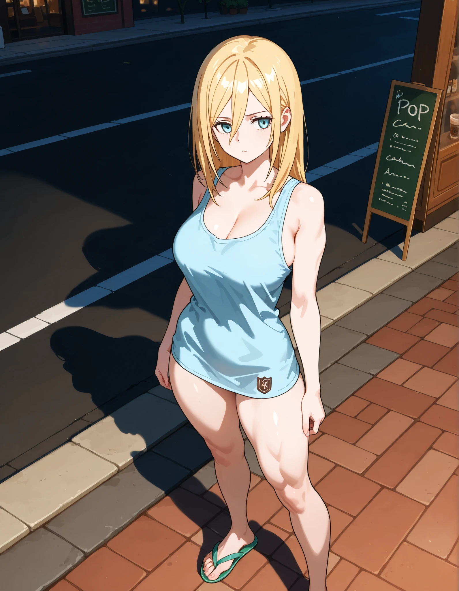 score_9, score_8_up, score_7_up, source_anime, 1girl, solo, upper body, tank top, midriff, sunglasses, glint, smirk, long hair, blonde hair, shiny hair, glossy skin, medium breasts, breasts apart, bokeh, outdoors, street, thighs, thigh gap, leaning forward, presenting, hidden eyes, short shorts, belt, demon tail, shirt pull, pulled by self, hips,