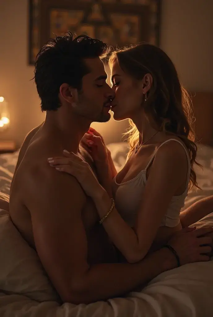 Magnificent detail, 8K Photos, hyper- realism, professional light, realistic background, visual depth, wide angle lens, all-body, oral vaginal sex scene, woman lying on her back, man with his head in woman's genitals, woman with intense orgasm face, lying in bed. (1 hot blonde woman, small chest out, naturals, without bra, sexually satisfied woman), (1 muscular black men, wearing a towel, marking their extra large penises, 23cm penis sexually satisfied), (gangbang) exhibitionism, BDSM, non-explicit sex, seduction, sensuous, luxuria, desire, fetish, Adult content, Sexual content, sedentary, insatiable, hotel bedroom, sex photo posted, Hotel Bed