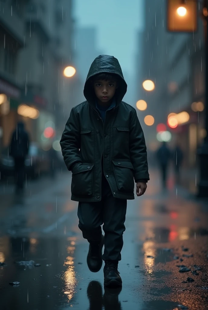 A boys with a hood alone in the rain, real photo, pouring rain, loneliness, best quality, ultra-detailed, realistic, portrait, dark tone, misty atmosphere, wet streets, hooded white raincoat, melancholy expression, invisible umbrella, lights sparkling, Urban environment, high resolution, vivid colors, Bokeh, night scene, NYC cityscape.