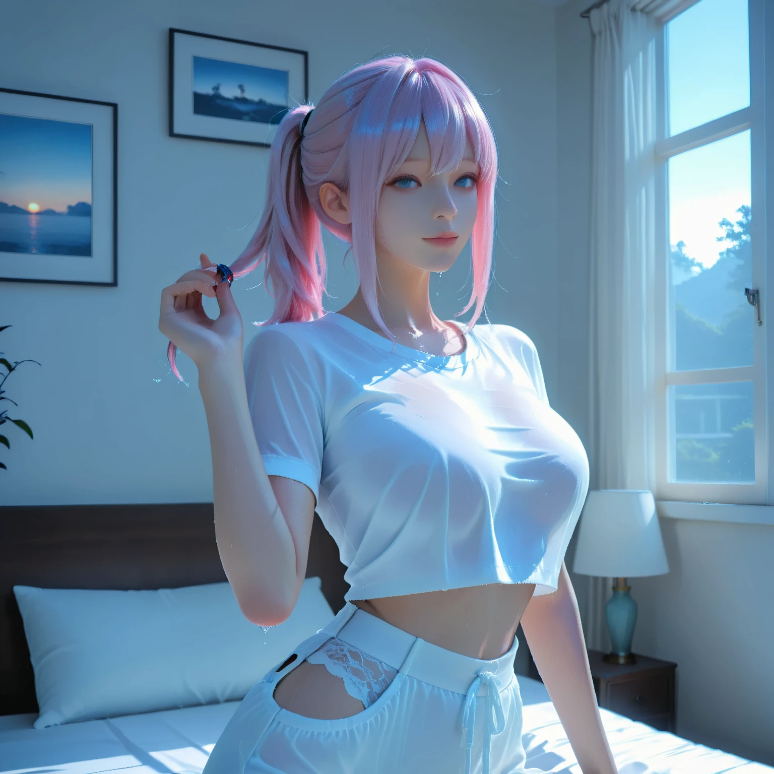 ((Top Quality、16K、masterpiece:1.3))、a tall and beautiful woman、Perfect Figure:1.4、(dream aesthetic) Slim Abs, young natural girl (otome dori) solo, long voluminous pale-pink hair 、messy hairstyle (with hair bangs), turquoise-blue eyes, pale-white skin (highlighted, realistic shading)、natural bust、Highly detailed facial and skin texture、(A detailed eye, Symmetry Eyes, Clear realistic eyes, Double eyelidd、Cold-stricken face、Symmetrical face), very realistic skin, goth makeup, Royal sisters full of fans、The Telegraph Esbian、peach buttocks, white shirt (wet), miniskirt, black tights, cleavage, squart、(Raw foto:1.2)、((Photorealcitic:1.4))Top Quality、masterpiece、Real Photography、very delicate and beautiful.、super detailed CG、Unity、8K photo wallpaper、delicate detail、best qualtiy、Highly detailed CG unity 16k wallpaper、absurderes、Incredibly Absurd、huge file size、extremely highly detailed、Hight Resolution、ighly Details、Beautiful detail girl、extremely beautiful eyes and face, cute eyes look、Facial light、cinematic lightings、(Proportional hips, thick thighs, beautiful legs, realistic pantyhose) 1girll、see -through, inside house (bedroom) 、ulzzang-6500、The Telegraph Esbian, different poses at different angles,