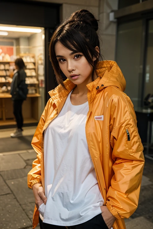 man in colorful dress，(Look up:1.5)，athletic sneakers，Shallow space，Urban architectural background，Sit Pose，Best quality, Masterpiece, 8K，depth of fields