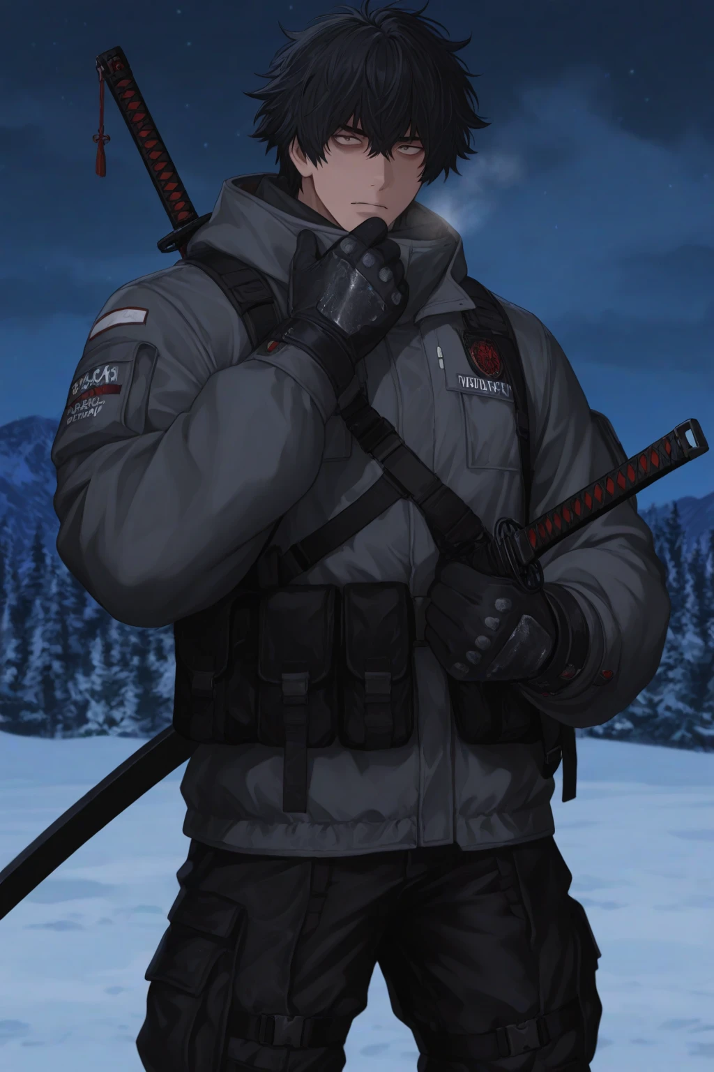 anime studio, anime artwork, anime artstyle, vibrant, score_9, score_8_up, score_7_up, source_anime, 1boy, solo, glavakolhoza_rosgvardiya, outdoors, snowy, military uniform, (dark blue camouflage:1.2), winter jacket, winter cap, unit patch, standing, looking at viewer, <lora:glavakolhoza_rosgvardiya:0.75>, from behind