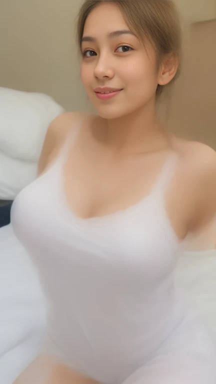 (lifelike, high - resolution:1.3), 1 girl with a perfect body, Super fine face and eyes,slong hair, hair tied up, Tank top of white colors:1.2 (tank top ultra thin), underwear, huge bearst,ultra detail tits, Expose cleavage, dynamic pose in bedroom