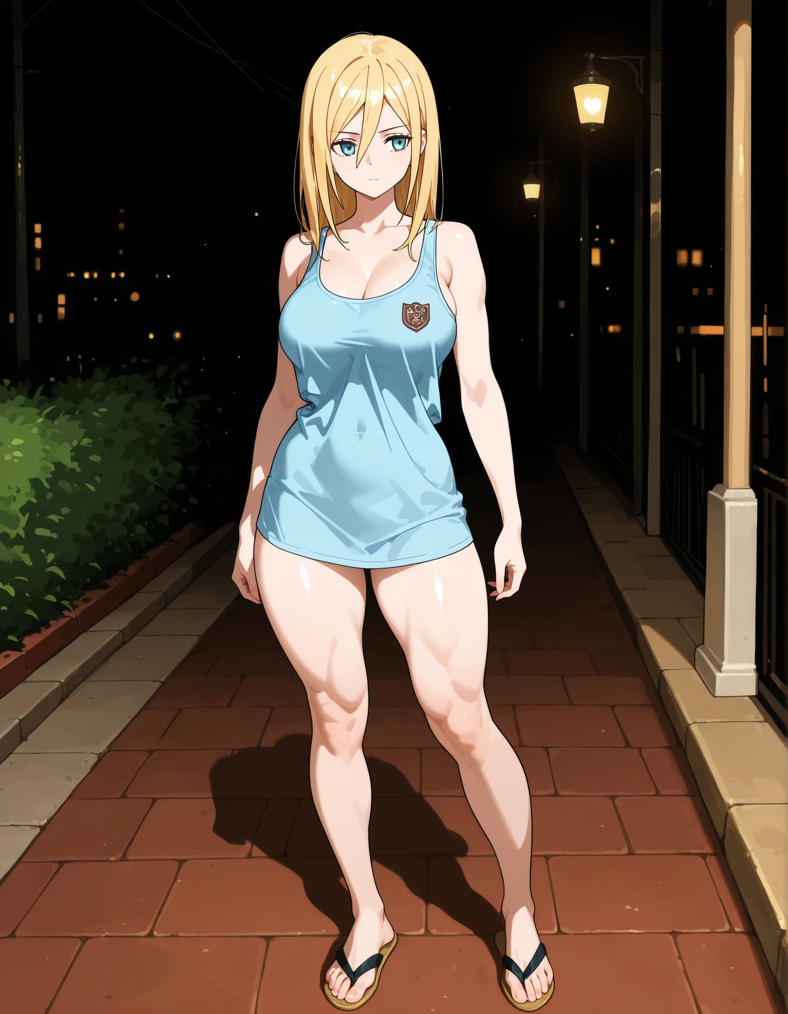Girl standing on the sidewalk, flip-flops on her feet. Beautiful waitress. Beautiful woman in her twenties, blonde hair, thin face, Krista Lenz face, tall and athletic woman, wearing a thin sleeveless shirt, a large, loose-fitting tank top, an oversized shirt, a one-piece, a thin, sheer tank top, a blue tank top, a girl with thick thighs, an athletic body, smooth, curvy muscles, a thin waist, a thin face. Masterpiece, best quality, 2D, flat shading, flat illustration, minimalist, pop art style, neo-pop, linear drawing, vector line, 1 girl, , thick thighs, in a  pose, beautiful eyes, detailed eyes. Girl on the sidewalk, girl in front of a coffee shop. Night, dark, street at night, shadowy.