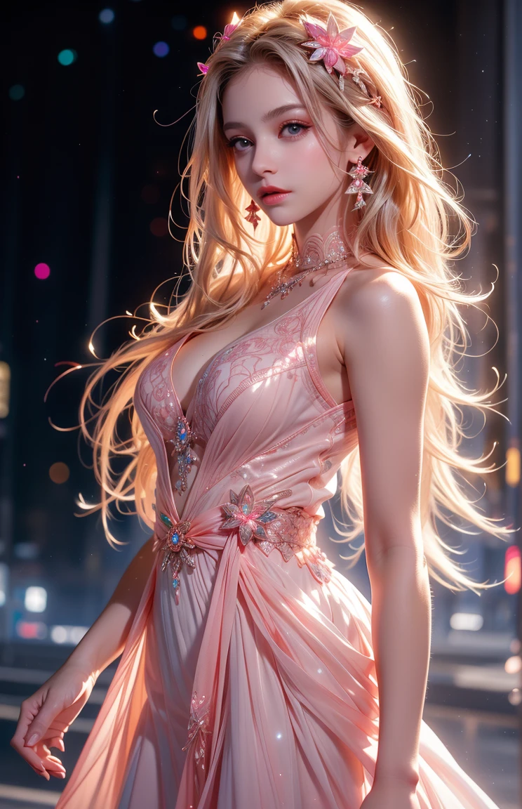 (New York Cityscape)、Highest quality、masterpiece、Ultra-high resolution、reality、Portrait、Elegant mature woman、blue eyes、Long Hair、Side bangs、(Translucent pink dress、mini skirt)、4K resolution、High-quality CG、Feminine pose、Fair、(The wind blows up my skirt),