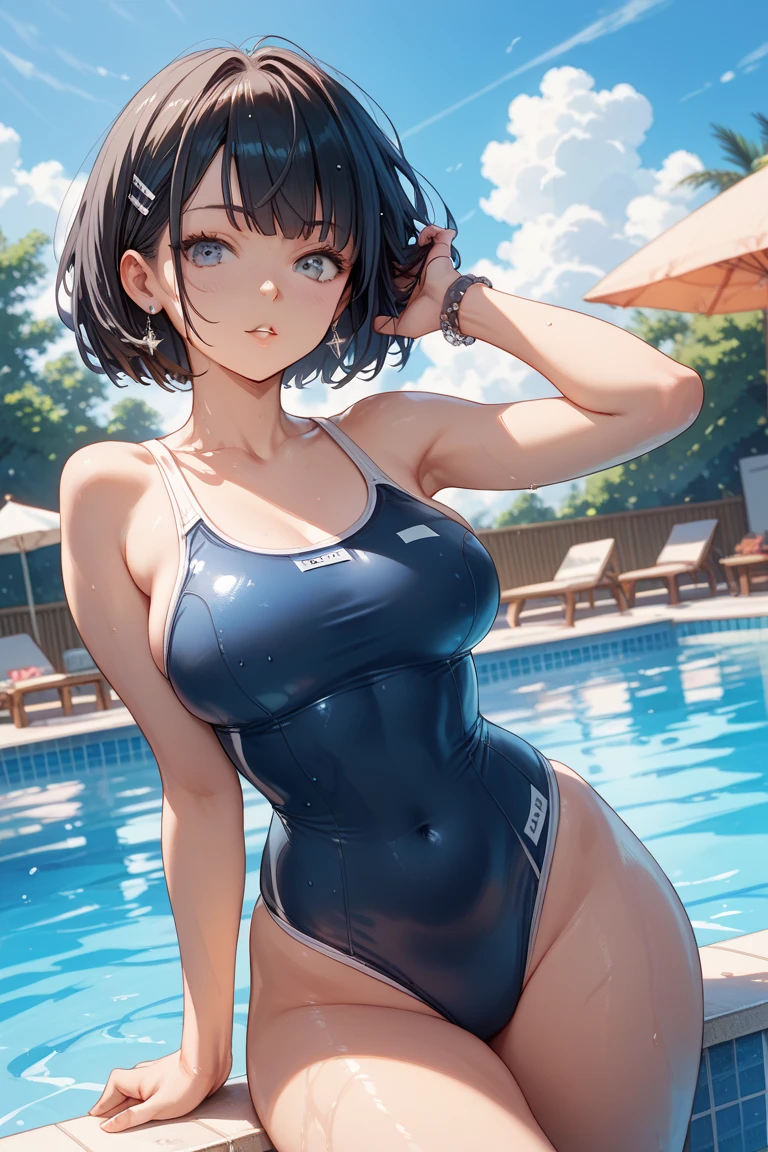 ((Highest quality)), ((masterpiece)), (Familiar), Illustration Style,Perfect Face,1 Girl,Black Hair,Short Hair,Glowing Skin,big, Bright Blue Eyes,Beautiful Bangs,Small breasts,Super Beauty,woman,16 years old,Red swimsuit,Beautiful clothes,smile