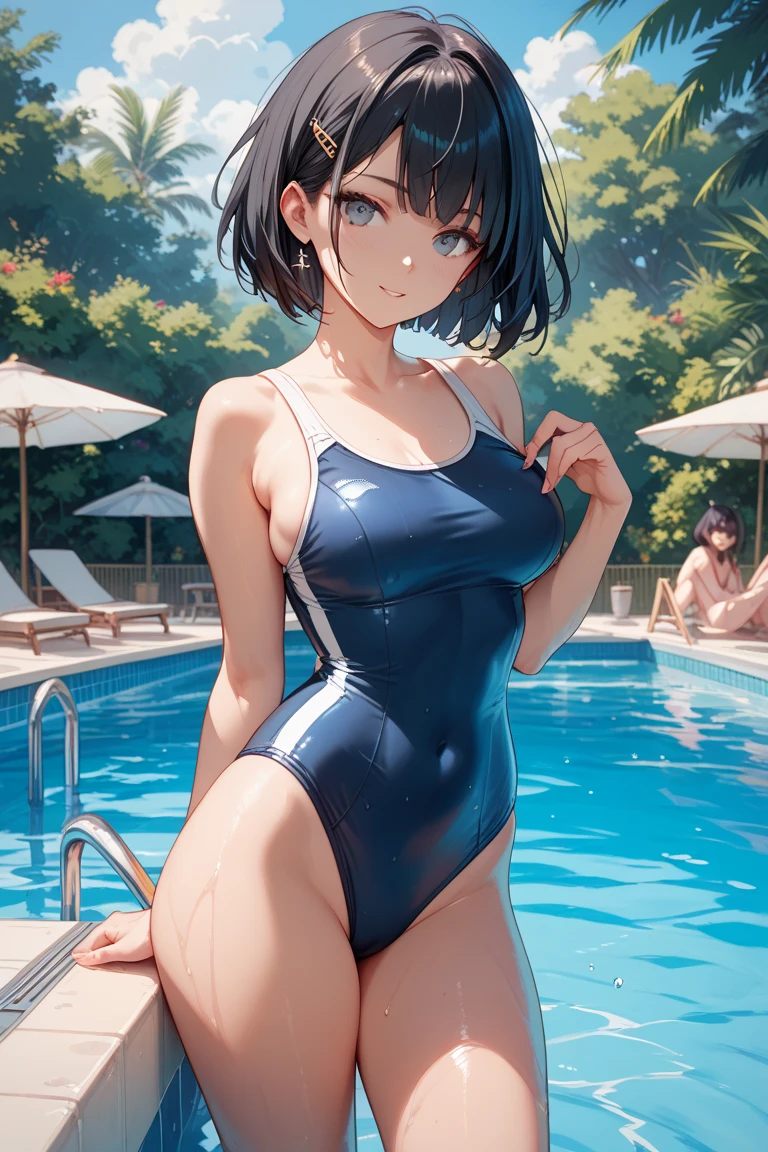 High quality, masterpiece, full body figure, girl, schoolgirl, facing the front, slender body, thin thighs, middle breast, cleavage, small perky breasts, small and hard nipple, dark blue school swimsuit, sheer, wet body, emphasized breasts, {nipple}, barefoot, black hair, pink inner color hair, ahoge, blue eyes, blush, shy, excited, erect nipple, short hair, school, pool, splash, sunshine