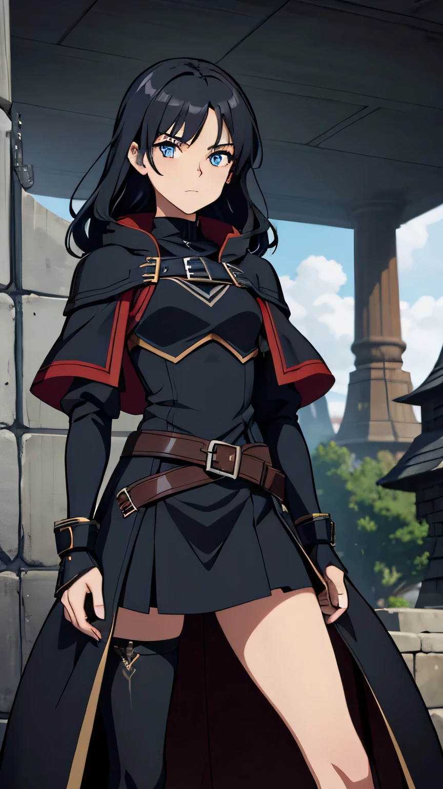 ( high quality, breathtaking),( expressive eyes , perfect face ) full height, 1 girl, female, One, adult, 0, black hair , blue eye color, long hair length, looking at the viewer, whole body, calm facial expression , fantasy clothes , height 4 "3, fantasy adventurer outfit, red attracts , thief profession , short stature, black hooded raincoat , black jacket, black short-sleeved shirt , long-sleeved mittens , black skirt, silver finish , fantasy armor, shoulder pads, leather armor, light tanned skin , small breast , curly hair