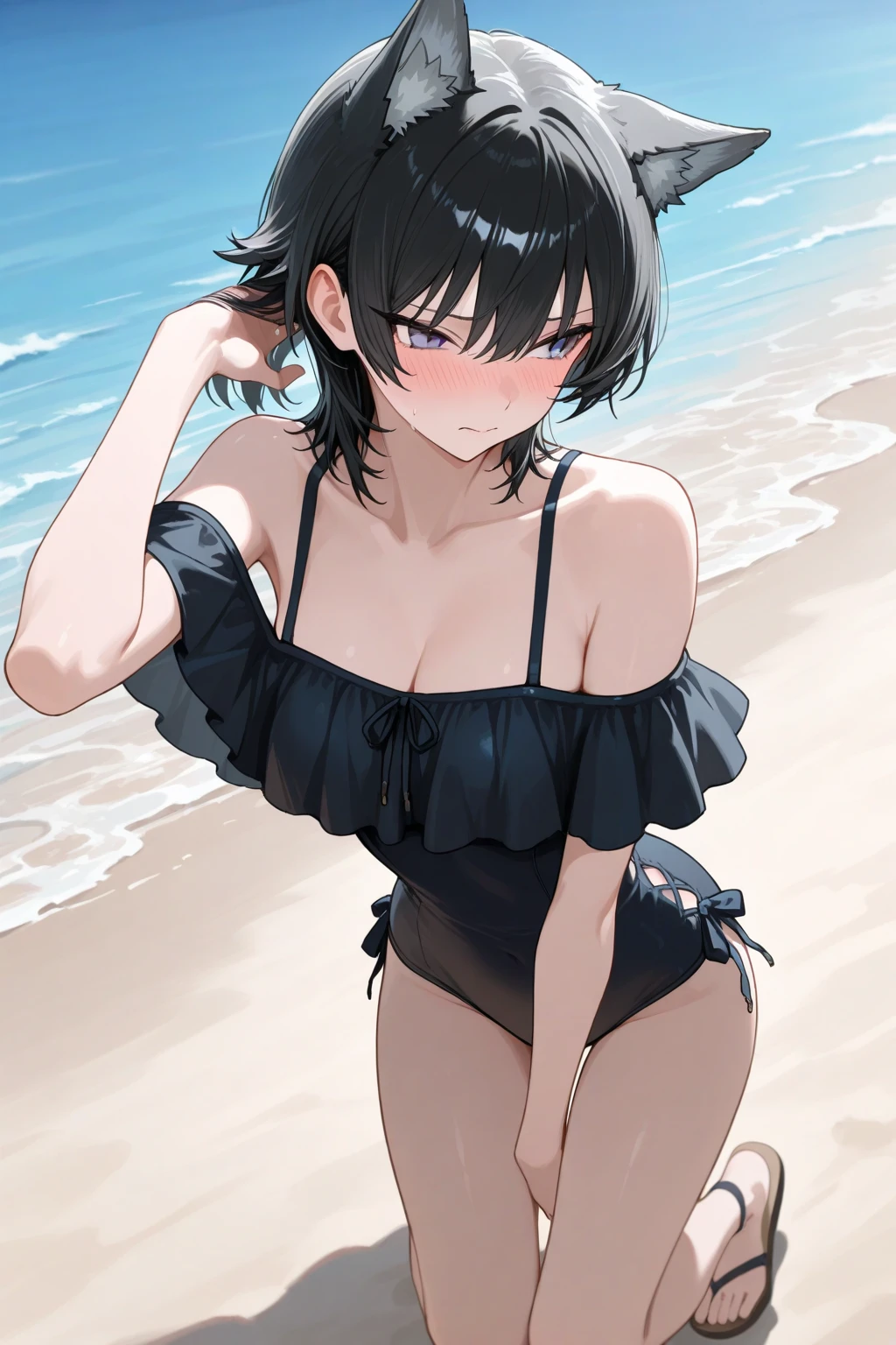 1girl,one-shoulder one-piece swimsuit, solo,white hair, short hair,  large breasts,thighs,white one-piece swimsuit, standing, (arms at sides), cowboy shot, 
seaside, black hair, night