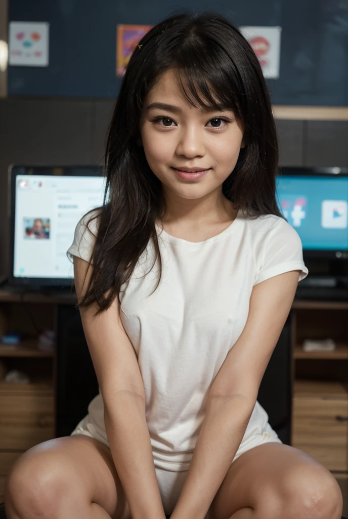 famous Japanese news caster, short hair, bangs,(dark tanned skin:1.1),cute girl, small breasts, (skinny), (small buttocks(small:1.9)), thin thighs(thin:1.9)), thin legs(thin:1.9)), (pussy), ((pubic hair:1.3)), (talking to the viewer), 
BREAK
(news show now on air), (sitting the studio chair:1.5), (reading a news to the camera:1.5), (naked:1.5), (puffy perfect nipples), 
(in the broadcasting studio:1.3),(spread legs under the desk:1.4), 
BREAK
(fun feeling, happy feeling:1.5),
natural pose, natural angle,
(talking to the camera happily:1.5),
(lively smile:1.7),
BREAK
(absurdres:1.3),(ultra detailed photograph:1.5),(detailed face and skin:1.3),(ultra high res:1.5),(photorealistic:1.5),hyperrealistic photography,best quality,symmetric clear eyes,well-groomed face,(ray tracing:1.3),(natural smooth moist facial skin texture:1.1) ,Japanese girl, small face, large dropping eyes, BREAK ,(naked:1.5), (high heel shoes), (skinny),small breasts, ((pussy)), ((pubic hair:1.3)), BREAK (fun feeling, happy feeling:1.2), BREAK (sharp pan-focus:1.5)
