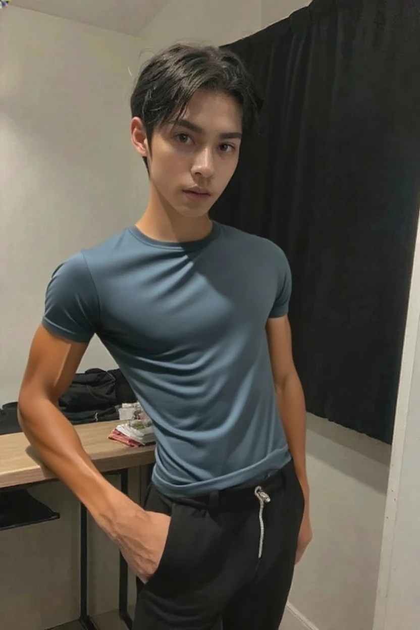 1boy 1 little cat, Handsome Asian boy 15 year sitting with little white cat, typing laptop, cat brow color, dress short pant and top tank, have laptop on the dest, very handsome, best body, bright face 