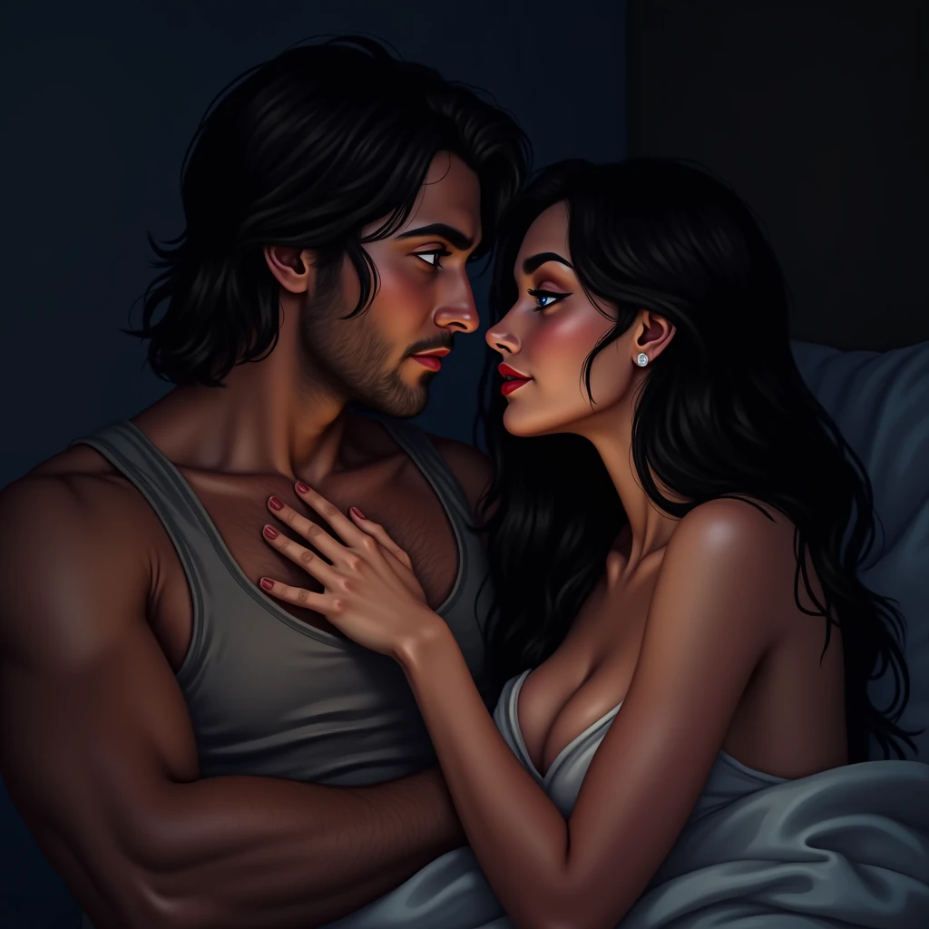 top view, bedroom with blue bed, room, dark atmosphere, (high-tech design), night, blue wall,  
a man lies with a girl in a bed,

 ((man) Adult Italian Mesomorph Muscular body perfect Olive skin short Muscular neck Rectangle faces broad Muscular shoulders Attached Cupped Ears, (man Low Forehead black short combed back hair) Fleshy nose Bold Tapered black Eyebrows High Angular Prominent Cheekbones Heart-Shaped Cheeks triangular Chin Angular jawline closed eyes Thin nude Lips Designer Stubble black whiskers triangular black hair beard,) 
((girl) adult [Nordic], Hourglass body perfect Olive skin Oval Face Long neck Rounded shoulders Attached Pointed ears round forehead, (girl Short blonde Waves pixie hair) snub nose Arched eyebrows closed Eyes High Round Narrow cheekbones Dimpled Cheeks Rounded Chin Rounded Jawline Fine Puppet Wrinkles Full nude Lips Nude Makeup Look long eyelashes,)
graphic style of novel comics, 2d, 8k, hyperrealism, masterpiece, high resolution, best quality, ultra-detailed, super realistic, Hyperrealistic art, high-quality, ultra high res, highest detailed, lot of details, Extremely high-resolution details, incredibly lifelike, colourful, soft cinematic light,