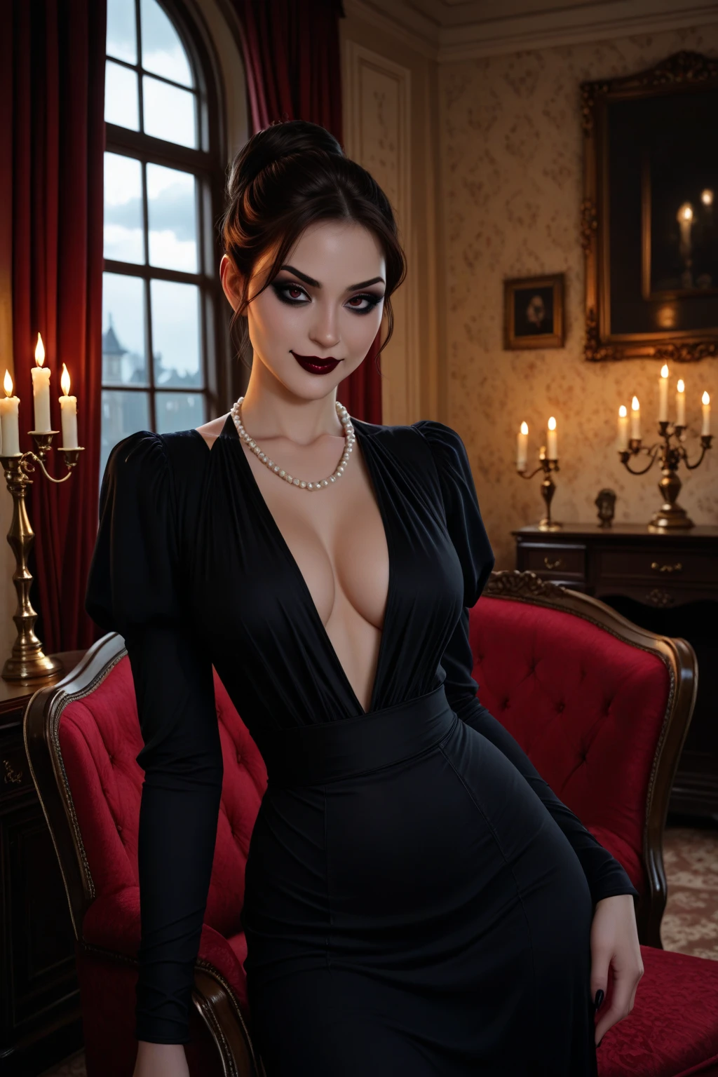 Score_9, Score_8_up, Score_7_up, 1 girl, black lace lingerie, black lace gloves, holding a glass of red wine with one hand, naughty, romantic, sensual look, redhead, blue eyes, long hair, big breasts, 