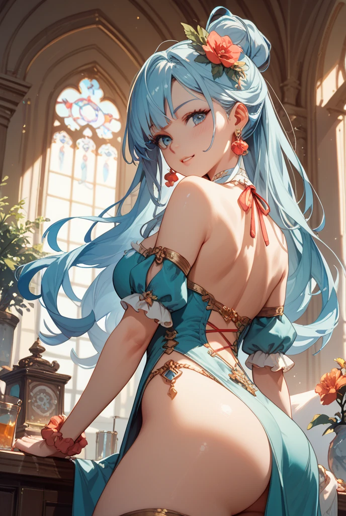Anime Moe Art Style,Highest quality,High resolution,Anatomically correct,One Girl,Mid-teens,Girl with light blue hair in a ponytail,Very detailed,Fantasy World,Big Breasts,Shiny skin,Beautiful Skin,A rich expression,Laughing with your mouth open,Outdoor,Church in the background. Small children playing,Detailed drawn eyes,Neat and Clean Fashion,hair ornaments,necklace,bracelet,ring,8K