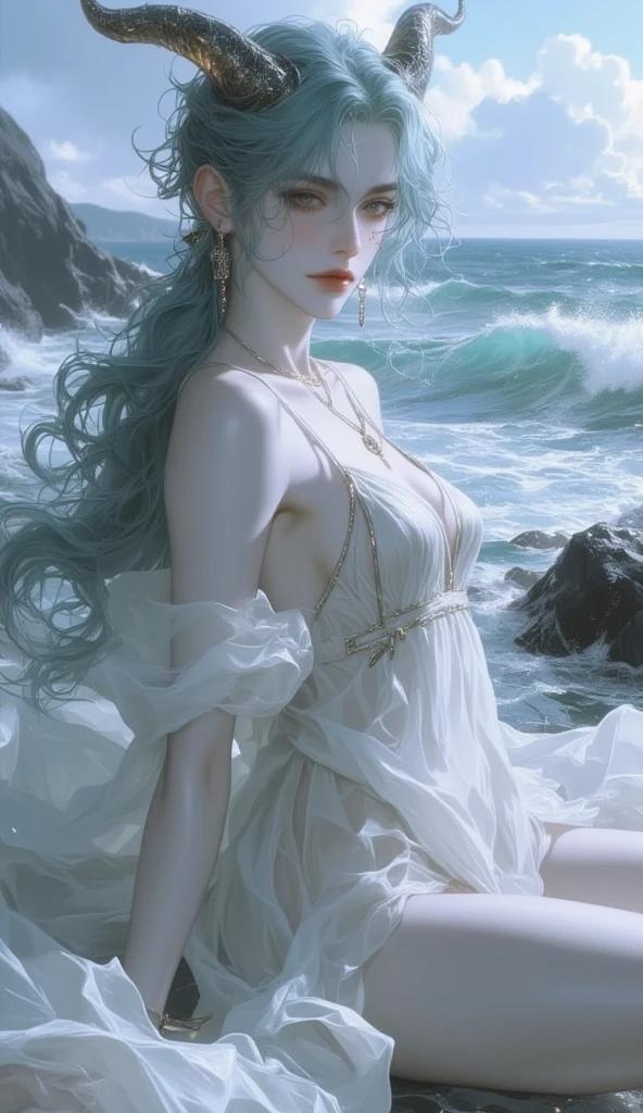 Beauty model, She wears a long white dress, Lie on the beach by the sea, The long skirt blends in with the white waves, medium hair, light blue hair, fish hair ornament, heart-shaped pupils, heart earrings, heart in eye, satellite image, satellite image, ray tracing, stereogram, satellite image, masterpiece, anatomically correct, textured skin, super detail, award winning, 8k --auto --s2