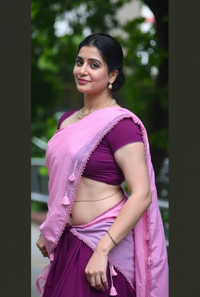 (RAW, best quality,4k,8k,highres,masterpiece:1.2) Indian woman wearing saree (blouse, petticoat), 20 years old, (chubby cheeks:0.9), (curvy body:1.1), (eyeglasses), (bindi), (vermilion), An Indian beauty, charismatic, dark-skin, view the viewer, naughty smile, Indian slums