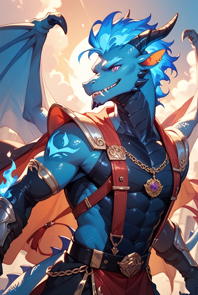 (perfect, masterpiece, best, perfect anatomy, perfect eyes) generate a male dragon with a anthropomorphic shape. He has blue eyes, scales are red, leathery wings, dragon tail, jacked build, muscular arms and legs, toned pecs, six pack. He is wearing knight armor.