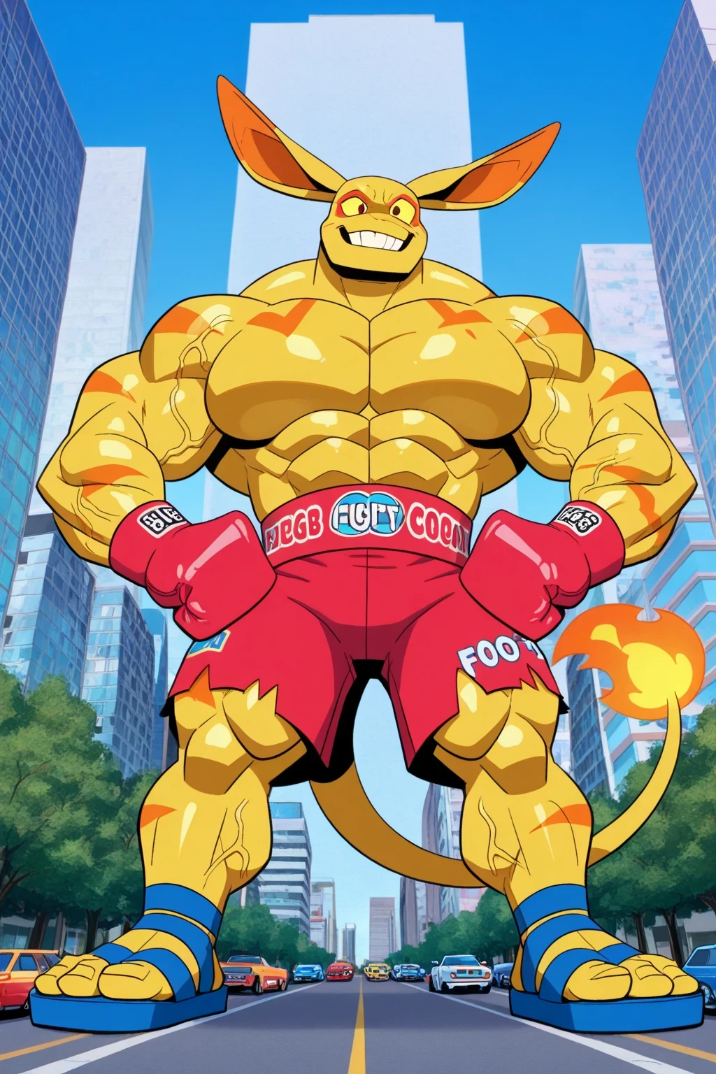 masterpiece), best quality, scooby doo , GTS, Looming, GTSCity, Rampage, Giga GTS, male, sitting, paws, paws up, bright yellow fur, neon green speedo, gigantic bulge