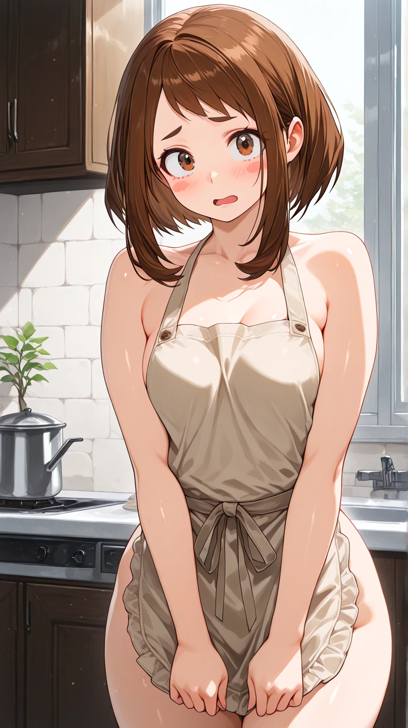 There is a girl with shiny skin, sexy pose,Best quality,masterpiece,(Realism:1.4),Breast augmentation,Reality,official art,8k image quality,super detail,Delicate skin down to the last detail,corner,texture,world,on the table,Highest image quality,1 girl,dirty hair,Panty shot,big,Crispy breast,1 girl,upper limbs,((split)), Red eyes, (((small breasts))), ((((blush)))), Brown hair, ((shy)), ((apron)), ((nude)), (((side short hair, meeting, kitchen,(Cross your arms:1.4), ((rear view))