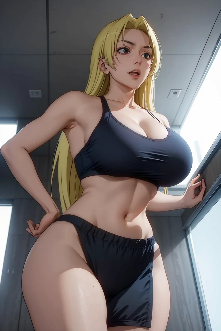 (masterpiece), best quality, expressive eyes, perfect face, solo Tsunade from Naruto in sexy bikini , lingerie 30 year old women seductive body big breasts big thigs facing towards screen  long hairs scar on chest parted lips Lockhart feminine figure body in  bikini, red beautiful expressive eyes , scar on chest, 4k backlighting smirky face full  showing , smooching a man so hard on bed