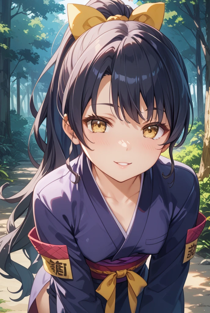 gorgeous lips, cinematic, (masterpiece), (best quality), (ultra-detailed), very aesthetic, illustration, perfect composition, intricate details, absurdres, detailed face, (anime, masterpiece, intricate:1.3), (best quality, hires textures, high detail:1.2), perfect hands, brown eyes,
1girl, very long black hair, high ponytail, side swept bangs, , perfect eyes, 8k, highest quality, ultra details,1girl, solo, perfect brown eyes
,(japanese clothes, pastel green kimono, fancy print, kimono, blue sash, wide sleeves, obi) white socks, sandals, gold leaf hair clip, walking, in a pine tree forest, noon time, summer season,fluffy clouds in the sky, 
cinematic lighting, blush, smile, happy, looking at viewer, sparkling eyes, photoshoot, portrait shot, from the side