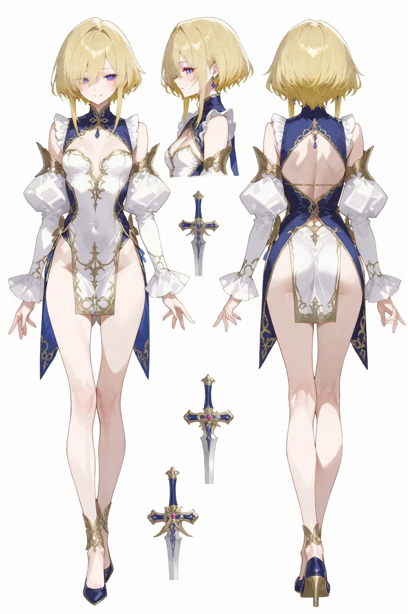 Wearing a blue dress、Anime Girl, clear Fashion Design, Fashion Design, Whole body concept, New clothing concept design, Full body details, Clothing with blue accents, Costume design, Wearing ethereal armor, detailed Whole body concept, Dress\&#39;Slower, Wearing ethereal armor, Full body clothing, Full body view