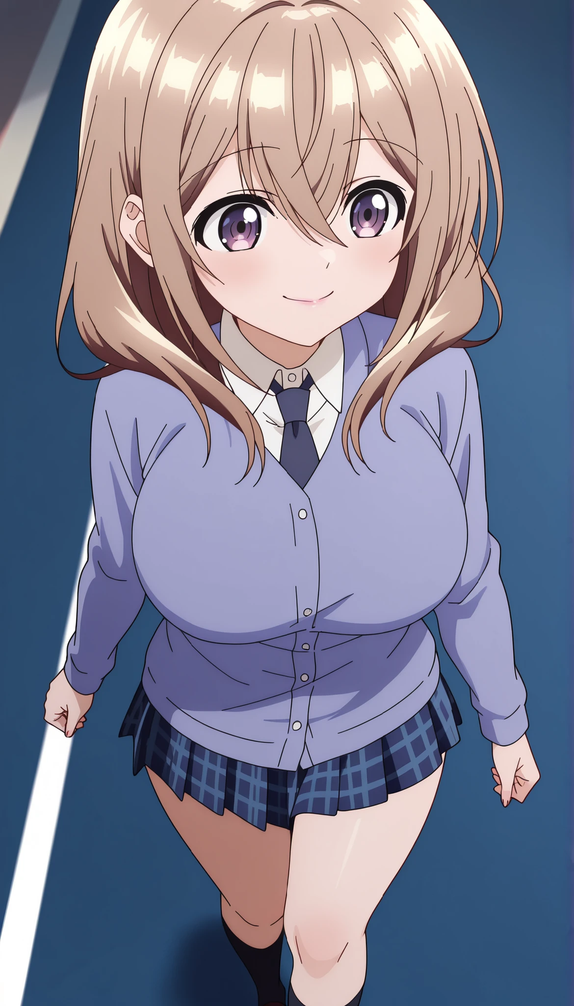 masterpiece, best quality, absurdres, very aesthetic, general, Katase Shiori, brown hair, light brown hair, eyebrows visible through hair, sidelocks, hair between eyes, brown eyes, purple eyes, large breasts, high school uniform,dark blue cardigan(buttoned cardigan), dark blue necktie ,dark blue plaid skirt, blouse, thigh ,school commute ,school ,glossy lips, smile,walking , fullbody ,closed mouth ,