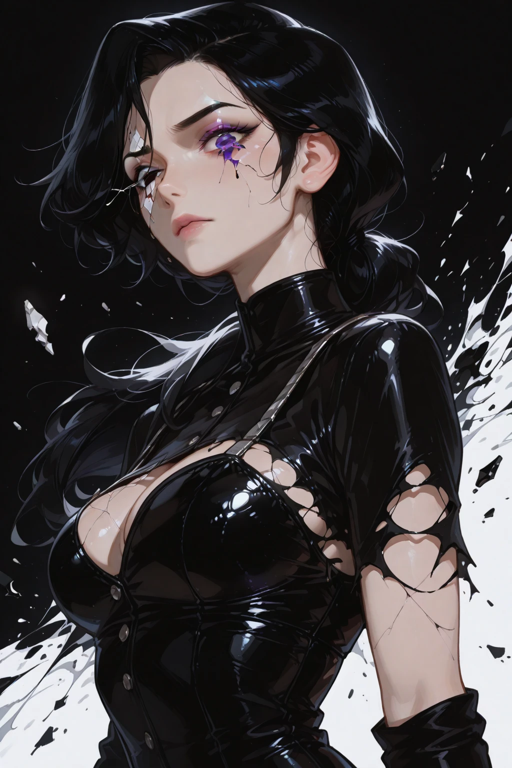 A realistic, detailed, seriously, metalhead, aquiline nose, eye shadow, long chin, chiseles facial features, Skinny, very thin body, spanish girl with a slim body, raven hair, big full lips, black eyes, really big eyes, big and firm tits, very narrow waist and very wide hips, lips fleshy and sexy, sexy metalhead clothes, marking her round breasts.