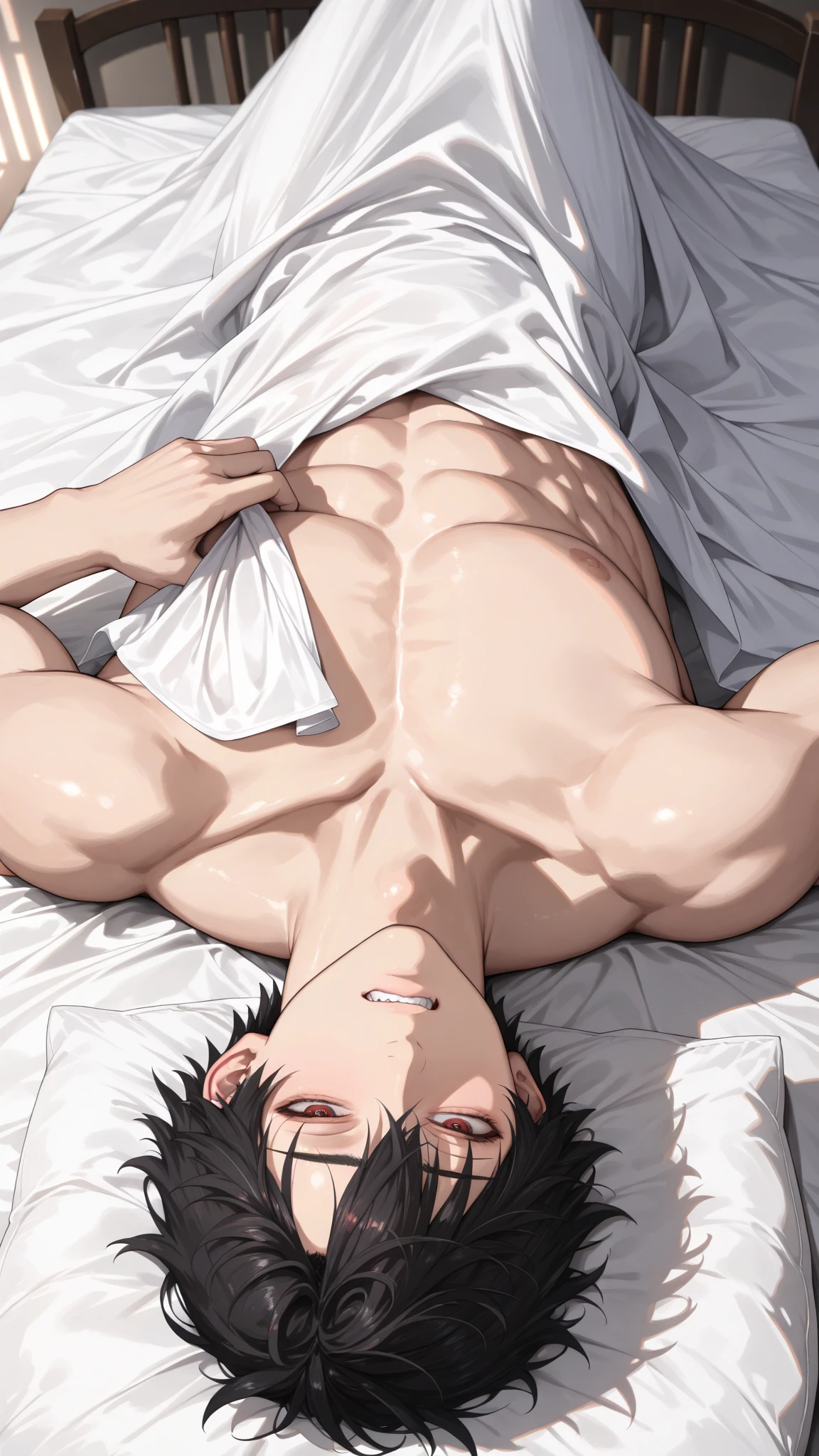 Shirtless anime guy muscular with yellow hair
Bts style
6 pack abs
Lying on the bed