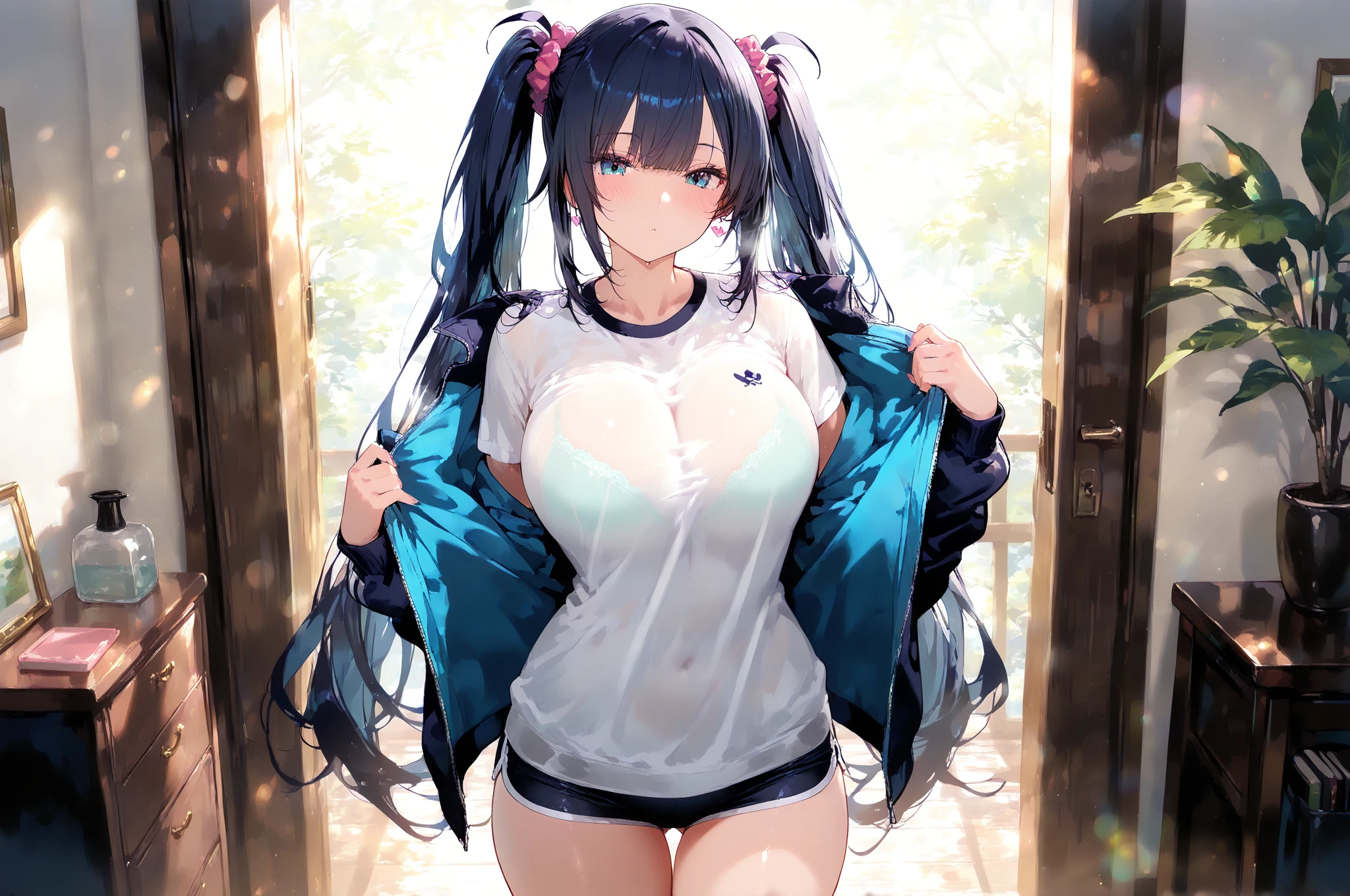 Optimal，masterpiece，High resolution，highest quality，(cowboy shot)、cute face，，black hair、long hair、twin tails、 （（scarlet eyes）），long eyelashes，drooping corners of the eyes，Are standing、thin legs、white skin，((Shoot from below:1.5)), ((Wearing a tight white t-shirt:1.5)), ((tight yoga pants)). ((transparent nipples))、rocket tits , big breasts,