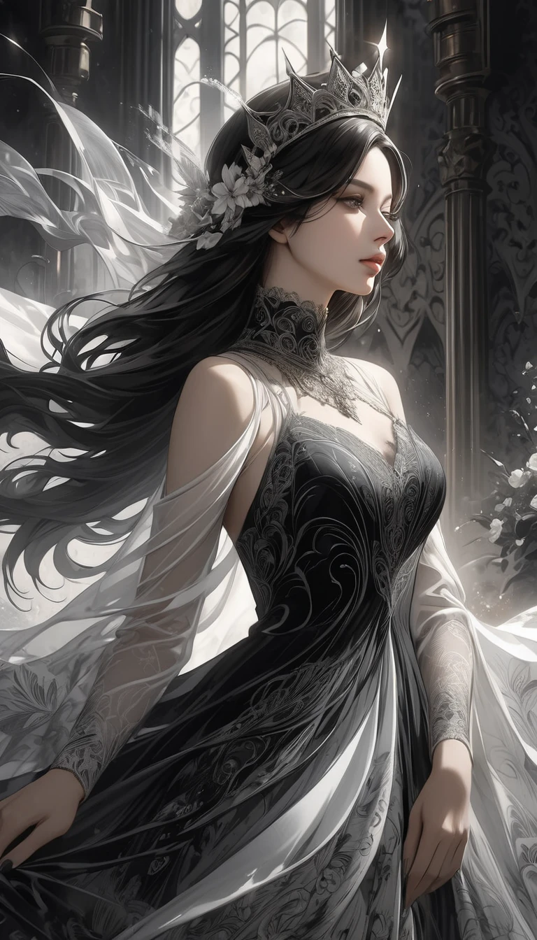 action movie, elegant pose,The Lady of Shadows, a handsome female, big black eyes, Sad look, scarlet lips, pale skin, Long black hair, fluttering in the wind, dark dress with lace in baroque style, Elegant white gloves on your hands, Elegant jewelry on clothes and hair, Standing on a field of roses, night time, night sky, Huge bright moon, Cold moonlight, Eyes of detail, hiquality, Masterpiece