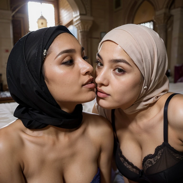 One lesbian woman sucking the nipple of another lesbian woman, they are wearing hijabs, sucking nipple, breastfeeding

